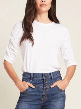 Veronica Beard White 100% Pima Cotton Ruched 1/2 Sleeve Waldorf Tee Top Sz. M